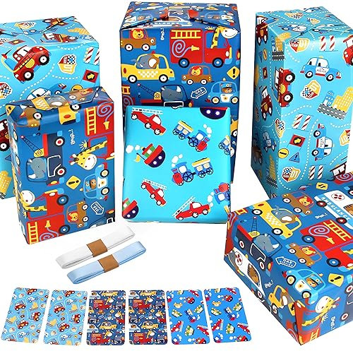 Kids Boys Birthday Gift Wrap Set - Police Car Fire Trucks Crane Ambulance Giraffe Elephant Gift Wrapping Paper Sheets, Tag Ribbion