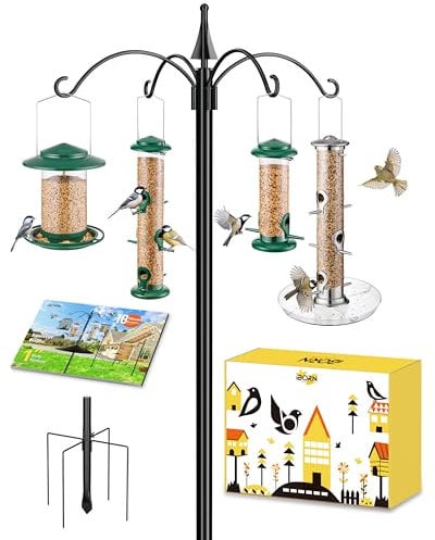 iBorn Bird Feeders Hanging Station 87Inch Wild Bird Feeding Station Stand Heavy Duty For Feeders Hanging, 1 Inch Thickness Pole, 4-Hooks,5-Prong Pole Stabilizer(Bird Feeders NOT Included)