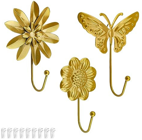 DEANKEJI Gancio Appendiabiti D'oro, 3 Pezzi Ganci Appendiabiti Forme di Fiori e Farfalle, Gancio Vintage, Ganci Appendiabiti da Pareteper Camera da Letto Cucina Soggiorno