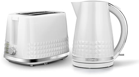 Tower Solitaire Kitchen Set, 1.5L Rapid Boil Kettle & 2 Slice Toaster, White and Chrome Accents, T10075WHT, T20082WHT