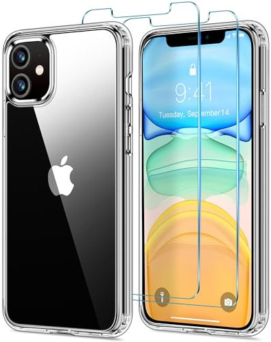 HOOMIL 3 in 1 Hülle für iPhone 11, mit 2 Stück Schutzfolie, Militärschutz, Anti Gelb Transparent Case - Durchsichtig