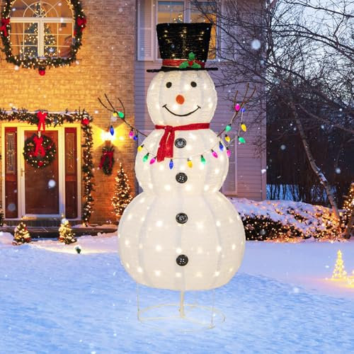 COSTWAY 180 cm LED Schneemann beleuchtet, Weihnachtsfigur mit 180 warmweißen LED- Lichern & 20 Lichternketten, Weihnachtsdeko mit schwarzem Hut & Schal, Weihnachtsbeleuchtung für außen & innen