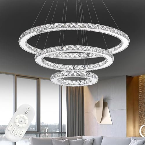 LZQ LED Moderne Kristall Kronleuchter Dimmbar Pendelleuchte Kreative Hängelampe, 3 Ringe Einstellbare Deckenleuchte Kronleuchter für Wohnzimmer Esszimmer (Dimmbar mit Fernsteuerung, 72W)