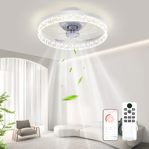 Ceiling Fans with Lights, 50cm Smart Ceiling Fan Light with 3 Light Colors 6 Speed, Dimmable, Night Mode, Timer, LED Ceiling Fans with Lights and Remote for Bedroom Living Room, White