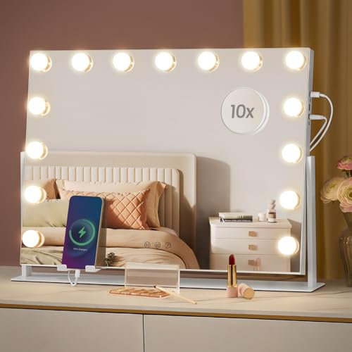 SONGMICS Schminkspiegel mit Beleuchtung, 58 x 43 cm, Kosmetikspiegel mit 15 LED-Glühbirnen, mit Ladeanschlüssen, Touch-Steuerung, 3 Lichtfarben, dimmbar, Handyhalter, mattweiß LWM001W02