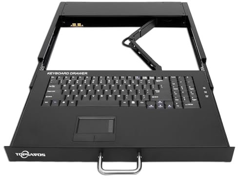 1U Rack Mount Keyboard Touchpad Drawer with USB/PS2 Cable, Industrial Metal Keyboard for 1U Server Rack or Cabinet, 17.32 W x 13.98 D x 1.67 H, Black