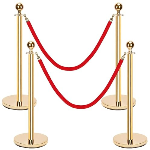 Swpeet 34Pcs Gold Stanchion Post Queue Kit, Including 5 ft Red Velvet Rope, 38 Inch Posts, Ball Top, Lanyard Shelf, Metal Base, Hollow Base, Stopper, Ball Holder and Screw for Crowd Control