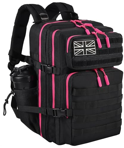 LHI Military Tactical Backpack for Men and Women 45L Large waterproof Rucksack for School, Hiking, Trekking, Hunting - Black with Red Zipper