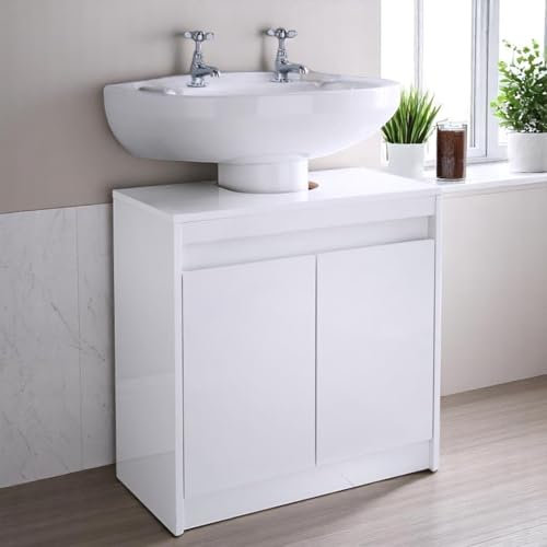HOMELOX White Bathroom Sink Cabinet Under Basin Unit Cupboard 2 Door Storage - High Gloss