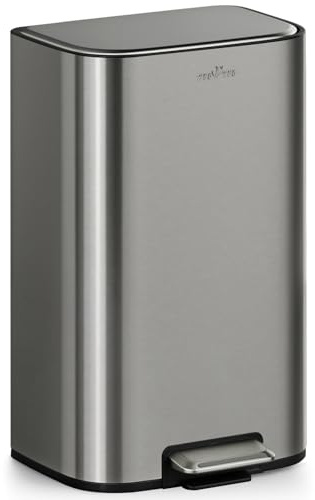 mVm Mülleimer Küche,40 Liter Abfalleimer mit Pedal,Treteimer mit Inneneimer aus Kunststoff,Tretmülleimer mit Deckel,Softclose, Offenhaltefunktion,Fußpedal,Edelstahl,für Bad oder Büro
