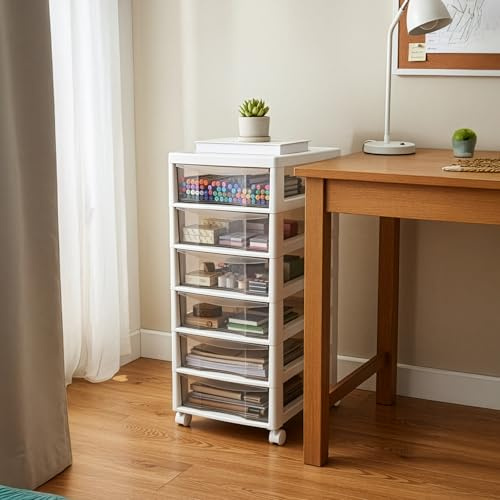 CROWNSHOP 6-Drawer Clear Storage Trolley with Shelves Organizer | 4 Wheels Large-Capacity Rolling Chest for Bathroom Bedroom Kitchen – Sturdy White Frame (6-Tier White 35x27.5x61cm)