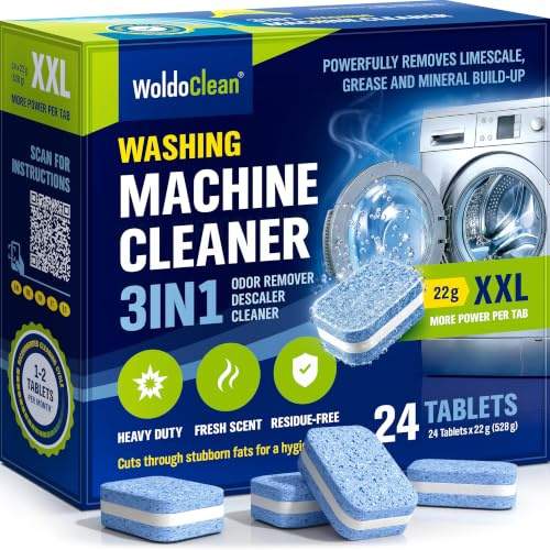 WoldoClean Tvättmaskinrengöring 3in1 Rengör Avkalkar Tar Bort Lukt | Maskinrengöring, trumrengöring, avkalkare, 24 tabs, 1 års förråd