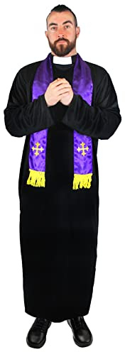 Mens Priest Costume - Small - Black Robe and Purple Clerical Scarf - Adults Halloween Fancy Dress Costume