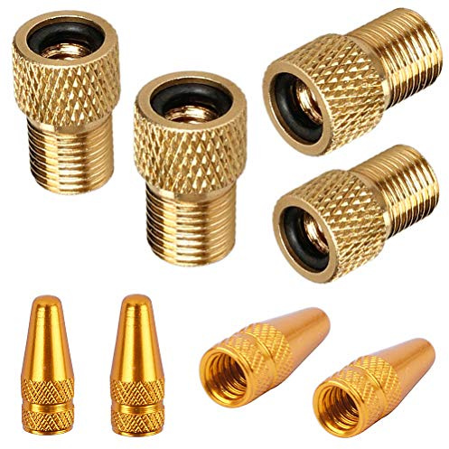 EPSVCSEWN Anodized Aluminum Alloy Bicycle Dust Covers Presta Tire Valve Caps and Copper Presta to Schrader Bike Car Valve Adaptor Tube Pump Air Compressor Tools (Gold)
