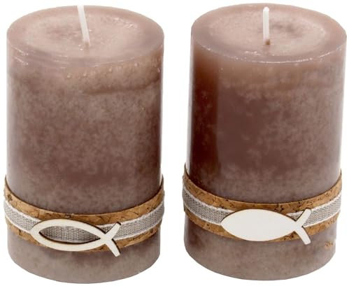 ZauberDeko 2 Stumpenkerzen Kerzen Stein Braun Taupe Kork Fisch Holz Tischdeko Kerzendeko Kommunion Konfirmation