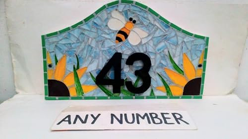 Bee Coloured Glass Mosaic House Number Plate Plaque Door Sign Choose Number