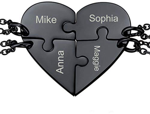 PROSTEEL Halskette für Damen Mädchen schwarz Edelstahl 4-Teilig Herz Puzzle Anhänger Namen personalisiert Partnerketten für Freundschaft Familien Schwester