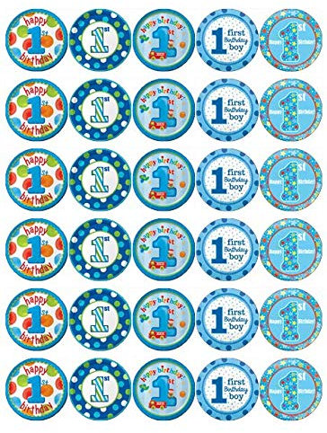 30 1st Birthday Boy Cupcake Toppers Edible Wafer Paper Fairy Cake Toppers Birthday Cakes
