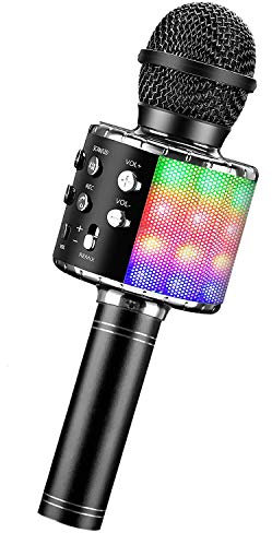 ShinePick Microphone Karaoke sans Fil, Micro Karaoké Bluetooth Portable avec LED Lumière Disco pour Enfants/Adultes Chanter, Compatible avec Android/iOS/PC/Smartphone (Noir)