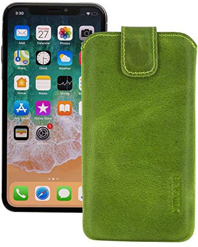 Suncase ECHT Leder Tasche kompatibel mit iPhone 12 Pro (6.1) mit ZUSÄTZLICHER Transparent Hülle | Schale | Silikon Bumper Handytasche (mit Rückzugsfunktion und Magnetverschluss) in antik Kiwi grün