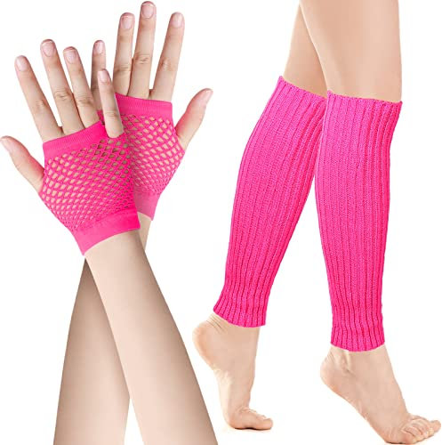 SATINIOR Neon Beinwärmer und Fischnetz Handschuhe Set (Rosarot)