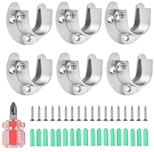 WeqeYent 6 Stück Edelstahl Kleiderstangen Halterung, Rundrohr Halterung U-förmige Stangen Flansch für Kleiderschrank, Duschvorhang mit Schraubendreher (Silber)