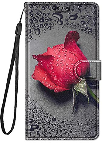 Guxira Hülle Leder für iPhone 12 Mini Handyhülle, Niedliches Muster Motiv Klapphülle Lederhülle mit [360 Grad Stoßfest] [Kartenfachr] Schutzhülle Klappbar Flip Case Cover - Rote Rose