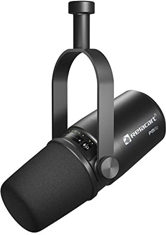 RELACART PM2 - Micrófono dinámico vocal USB/XLR para podcast, transmisión en vivo, grabación de estudio y voz en off, micrófono cardioide de metal, salida de auriculares integrada, tecnología de