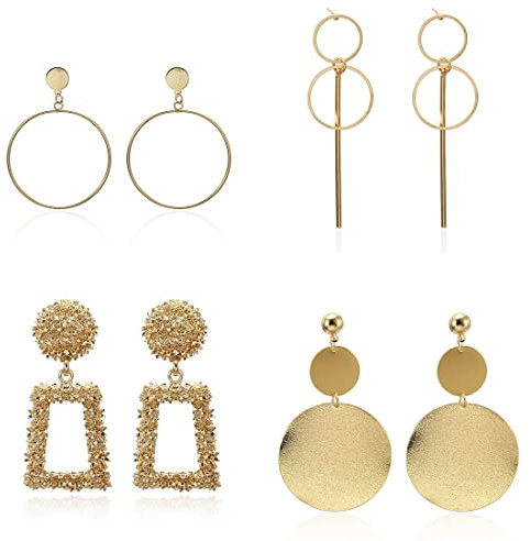 Juego 4 Pares Pendientes Múltiples Surtidos Para Mujer, Aros Acrílicos Ligeros Aretes de Gota con para Mujer Aretes Colgantes Geométricos Rectangulares Dorados Aretes de Aro