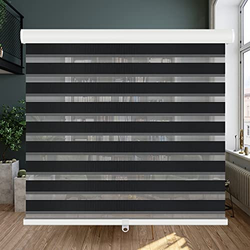 LUCKUP Kabellose Zebra-Jalousien für Fenster, zweilagig, durchscheinend, Lichtsteuerung mit Volant, Tag Nacht, Sichtschutz, Lichtfilterstoff, 76,2 cm B x 182,9 cm H, Schwarz