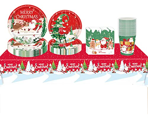 16 Guests Christmas Party Tableware Set,Winter Snowflakes Disposable Dinnerware Set Xmas Tableware Decor with Plastic Tablecloth,Paper Plates Napkins and Cups for Christmas Party Supplies Decorations
