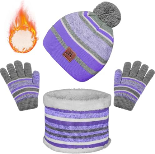 Enwokran 3 in 1 Wintermütze Schal Handschuhe Set - Thicken Fleece Thermal Knit für Kinder im Alter von 3-6, Winter-Accessoires-Sets für Outdoor (Lila)