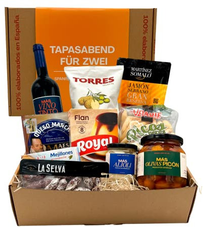 MAS PRODUCTOS ESP - Spanischer Geschenkkorb - TAPAS ABEND FÜR ZWEI - Geschenke für Frauen & Männer - Geschenk Idee für Spanienfans - Feinkost Präsentkorb mit Serrano Schinken