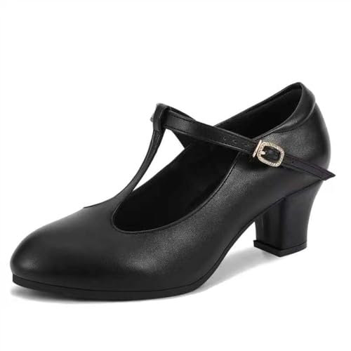 T-Strap Ballroom Dance Shoes Damen Salsa Charakter Pumps Kleid Heels, Schwarz, 36 EU