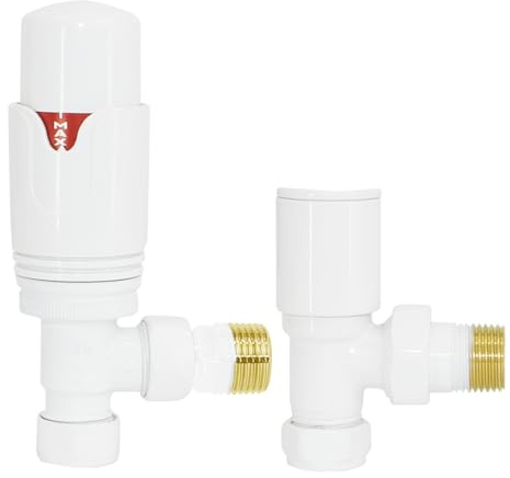 Warmehaus Angled Thermostatic Radiator Valve TRV and Lockshield White | Solid Brass, 15mm Inlet, 1/2” BSP MI Outlet