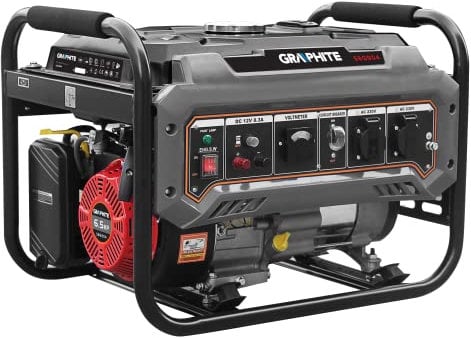 GRAPHITE Stromaggregat 2000W-2200W; Notstrom; EURO V; AVR; Benzinmotor 4,1 kW/6,56 kM; Treibstoff 92,95,98; Tankinhalt: 15 l, durchschnittlicher Kraftstoffverbrauch: 2,44 l/h; Gewicht: 40kg