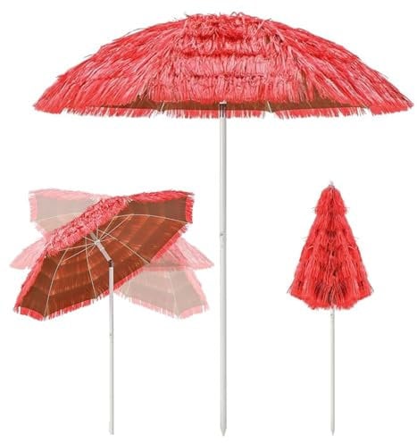 RELAX4LIFE Sonnenschirm Hawaii Stroh, Strandschirm Gartenschirm Neigbar, Balkon Strand Strohschirm Ø 200 cm, Reisstroh Marktschirm Sonnenschutz, Bastschirm Hawaiischirm Rund(Rot)