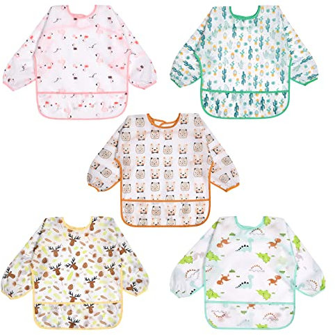Vicloon Baby Lätzchen mit Lange Ärmeln,5PCS Ärmellätzchen Wasserdicht,Baby Bibs Set, Unisex Lätzchen Set für Essen Kunst Handwerk Malerei Bemalen Spielen für 6-24 Monaten