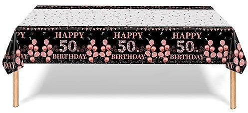 137*274cm Black Rose Gold 50th Birthday Table Cloth 50th Party Table Decorations,50th Birthday Tablecover Black Rose Plastic Disposable Waterproof Table cover for Women Her Birthday Party Decorations