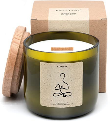 HAPPYSOY Duftkerze No. 4, 450g Sojawachs in hochwertig recyceltem Weinglas - mit Holzdeckel, Holzdocht - nachhaltiges Geschenk - brennt 90-100 Std - Yoga, Meditation, Symbol