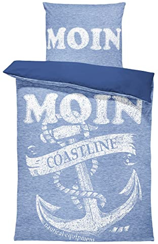 one-home 4 teilig Bettwäsche 135x200 cm Maritim Anker Nautisch Marineblau weiß Microfaser