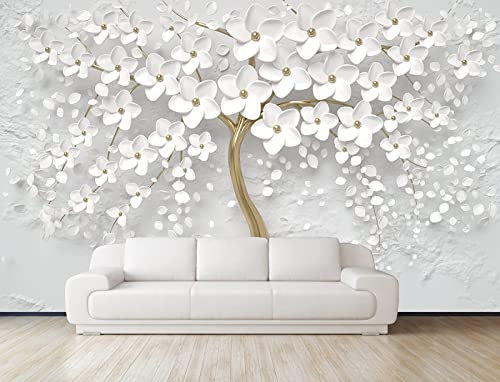 Tapete 3D Wandbild Gold Baum Weiße Blume Fototapete 3D Effekt Vliestapete Wohnzimmer Schlafzimmer Wanddeko