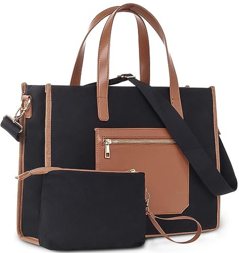 KINGSLONG Sac à Main pour Ordinateur Portable en Toile pour Femme 15,6 Sacs à Bandoulière Shopper Grand Sac Fourre Tout pour Femme Porte Documents Sac de Travail Pour Bureau, école, Voyage-Noir