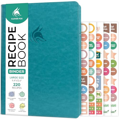 Clever Fox Recipe Book Binder with Tabs – Ring Notebook Organizer with Blank Pages to Write in Your Own Recipes – Personalized Family Cook Book, 220 Recipes, 9.4x12.6” (Turquoise)