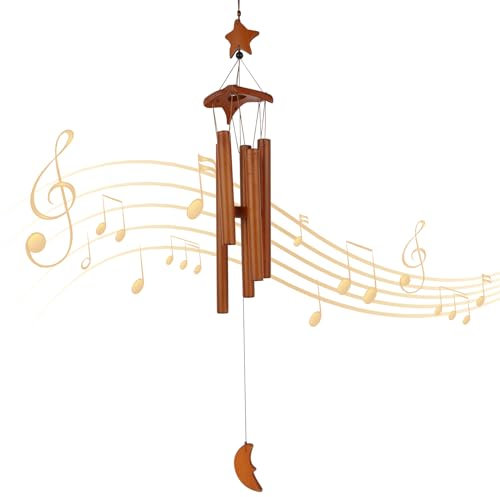 Carillon éolien en Bambou 70 cm Carillon éolien en Bois Carillon éolien en Forme d'étoile de Lune avec 5 Tubes Assortis Carillon éolien pour l'extérieur pour Jardin, Cour