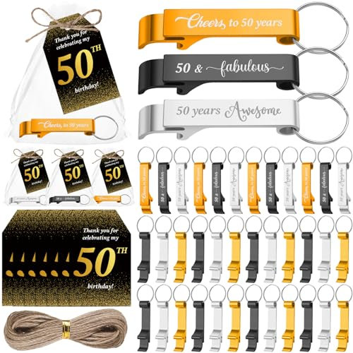 SiliFine Bottle Opener, 50 Pcs Party Favors for Guests, Birthday Beer Opener Keychain, Cheers to 50, with Thank You Cards and Gift Bag for Party, Wedding Gifts