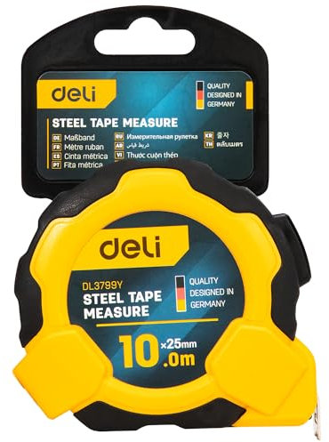 Deli Mètre ruban en acier, 10 m de long x 25 mm de large, jaune