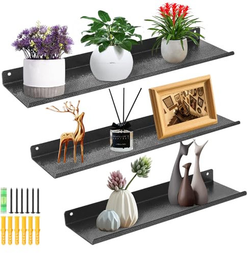 Uten Floating Shelves, Rustic Iron Wall Shelves Set of 3, Decorative Photo Book Display Shelves for Bedroom, Living Room, Kitchen, Bathroom and Office, Black with Silver Specks
