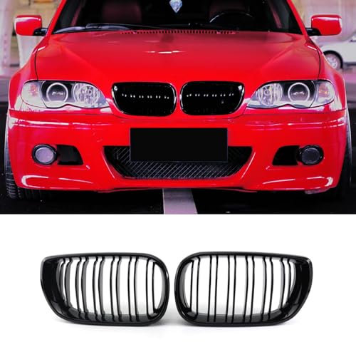 Haoyijiahui E46 Parrilla Delantera de Riñón para BMW Serie 3 E46 Rejilla, Listón Doble, Negro Brillante 4 Puertas 2002-2005 LCI Facelift (No Compatible con 2 Puertas)(For 3er E46 2002-2005)