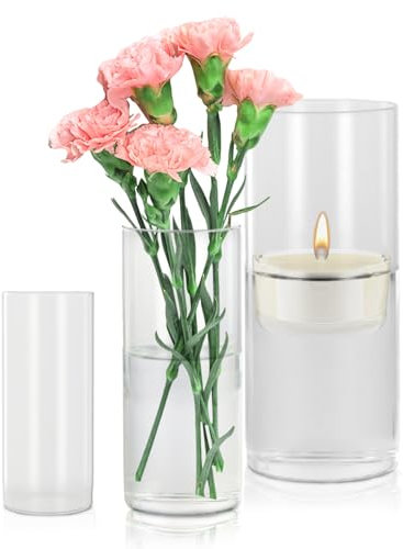 Glasvase Zylinder 3er Set – Klare Glasvasen Rund (Ø6.5×15cm, Ø8.5×20cm, Ø9.5×25cm) für Tischdeko, Blumen, Stumpenkerzen – Moderne Vasen Deko für Wohnzimmer, Hochzeit, Esstisch, Büro (A)